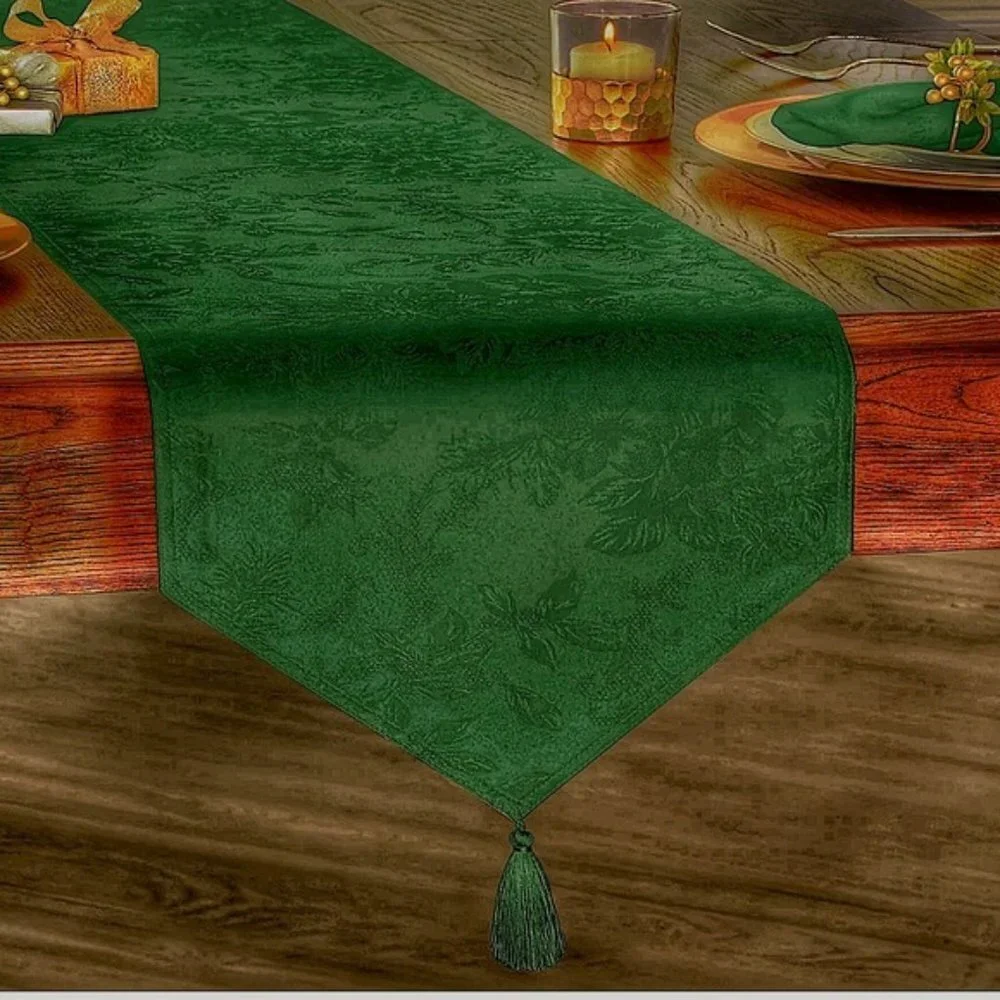 Holly Homes Table Runner Silky Holiday Christmas Green Damask 13 in x 72 in